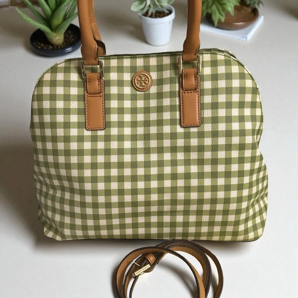 Tory Burch Kerrington Gingham Open Green Vinyl Tote w/ Leather Crossbody Strap